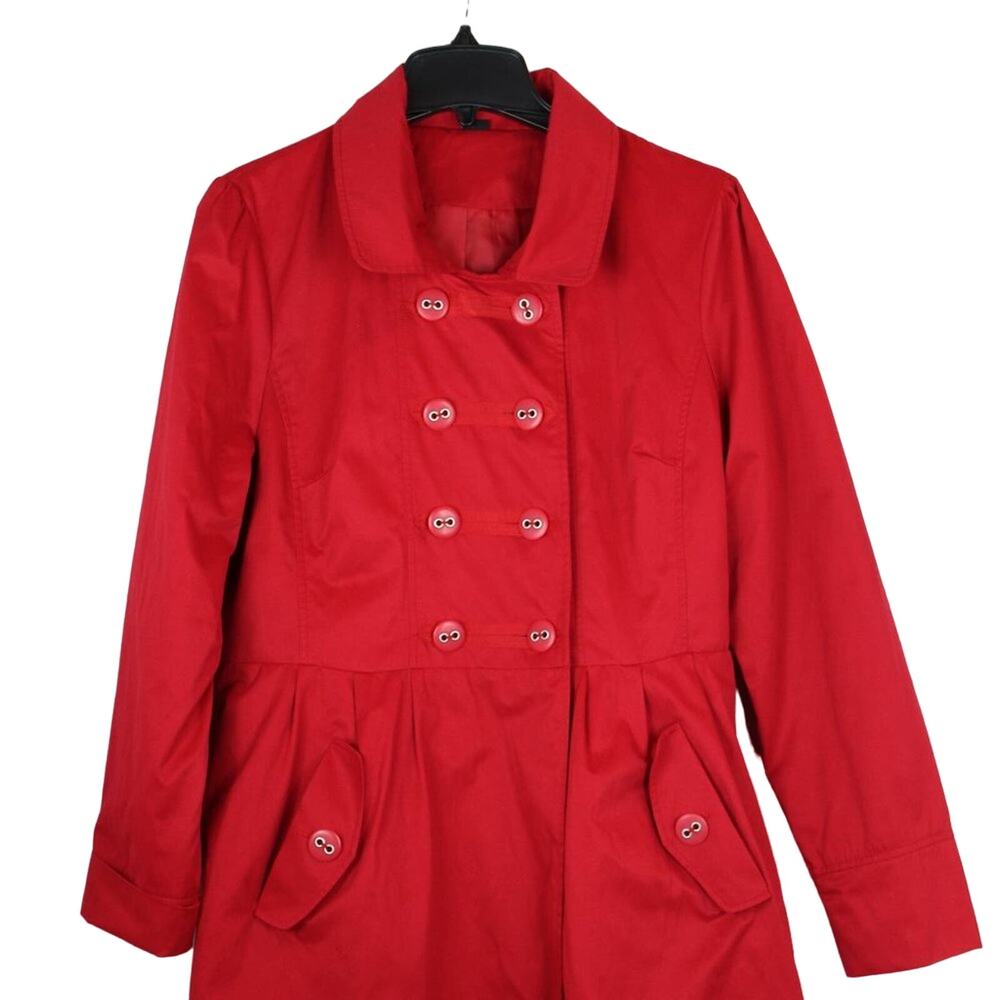 Red Double Breasted mid Weight Pea Trench Jacket Spring Classic Capsule Sz L EUC